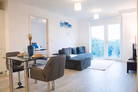 Living room of the Oasis Haven serviced apartment in Manchester